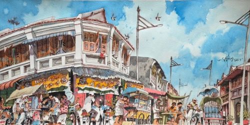 King St Penang<br> 40x80cm<br> Watercolour On Paper